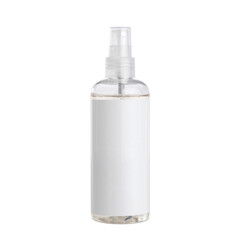 Transparent plastic bottle with a sprinkler and a white label for inscriptions. Packaging for...
