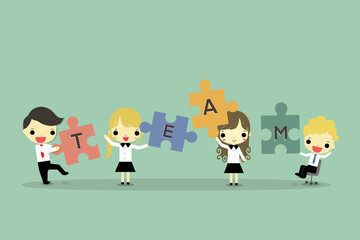 Business concept. Team metaphor. people connecting puzzle elements. Symbol of teamwork, cooperation, partnership illustration.