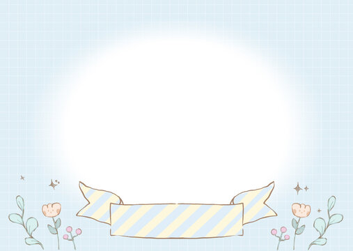 Flower and leaf with ribbon on frame background border. Botanical pastel background, illustration.