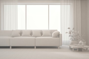 Mock up of minimalist living room in white color with sofa. Scandinavian interior design. 3D illustration