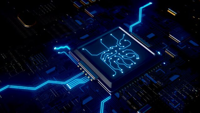 3D Microchip. Visualization of a digital impact or a processor or computer starting, booting and data transmission in board chip. Neon glowing circuit chip, board, microchip. Augmented Virtual Reality