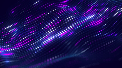 Futuristic glowing wave. The concept of big data. Network connection. Cybernetics and technology. Abstract blue background of moving blue and purple dots. 3d rendering.