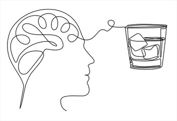 continuous modern drawing of a human head and brain thinking about whiskey, thinking about alcohol. Dependence on alcoholic beverages, vector linear illustration. drawing thoughts  in a man's head. 