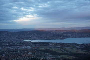 Storm over Lake Zurich.  Canton of Zurich. Switzerland. Alps mountains panorama. View from Mount Uetliberg