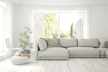 Stylish room in white color with sofa and summer landscape in window. Scandinavian interior design. 3D illustration