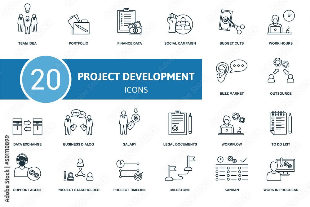 Aufkleber project development set icon. contains project development illustrations such as portfolio, social c