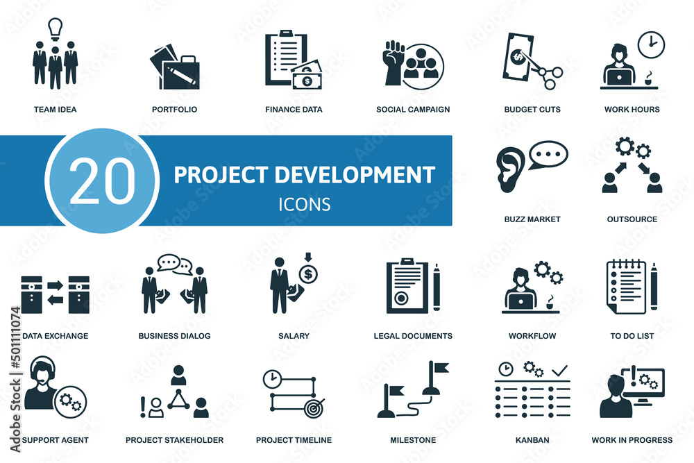 Aufkleber project development set icon. contains project development illustrations such as portfolio, social c