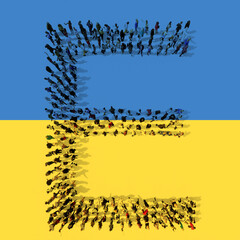 Concept or conceptual community  of people forming the symbol E on Ukrainian flag. 3d illustration metaphor for education, school, hope, peace, freedom, help, care and assitance in the face of war