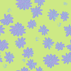 Seamless pattern with hand drawn meadow flowers in Ditzy style. Outlined illustrations on yellow background for surface design and other design projects