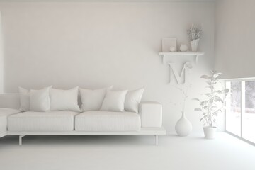 Mock up of stylish room in white color with sofa. Scandinavian interior design. 3D illustration