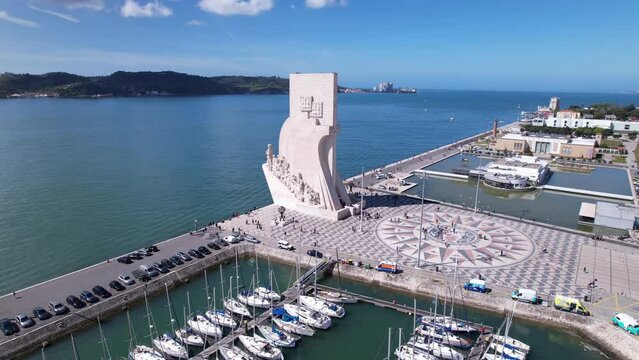 DRONE AERIAL FOOTAGE: The Padrao dos Descobrimentos (Monument to the Discoveries) is a monument on the bank of the Tagus River in Lisbon, Portugal.
