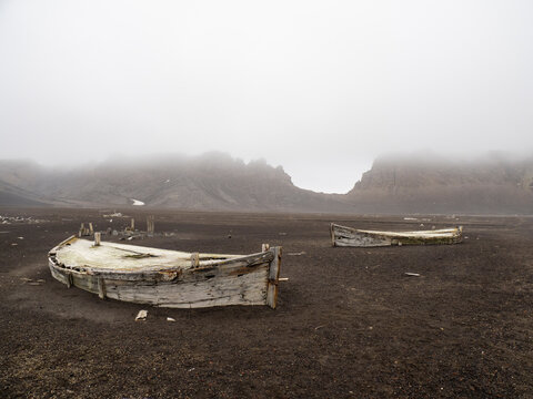 The remains of old water boats at Deception Island, an active volcano which last erupted in 1969