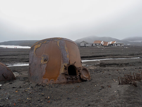 The remains of an old whaling station at Deception Island, an active volcano which last erupted in 1969