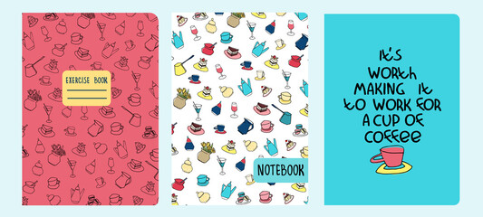 Cover page vector templates based on patterns with hand drawn cafe objects, cakes, coffee pots, cups glasses. Girly delight concept. Background for student exercise books, notebooks, diaries