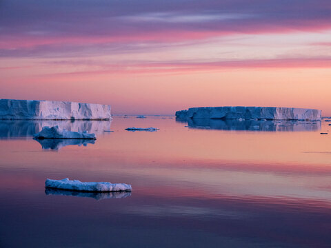 Sunset over tabular and glacial ice near Snow Hill Island, Weddell Sea