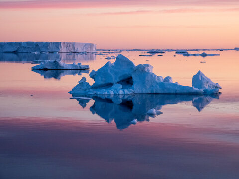 Sunset over tabular and glacial ice near Snow Hill Island, Weddell Sea