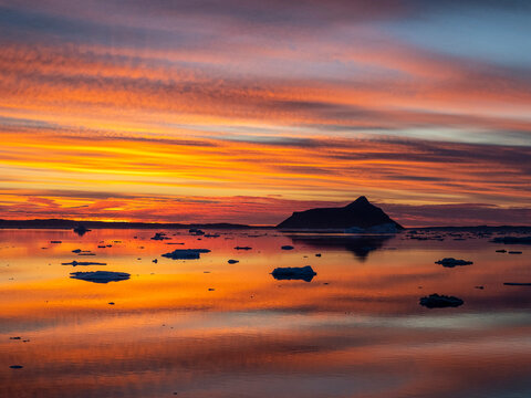 Sunset over tabular and glacial ice near Snow Hill Island, Weddell Sea