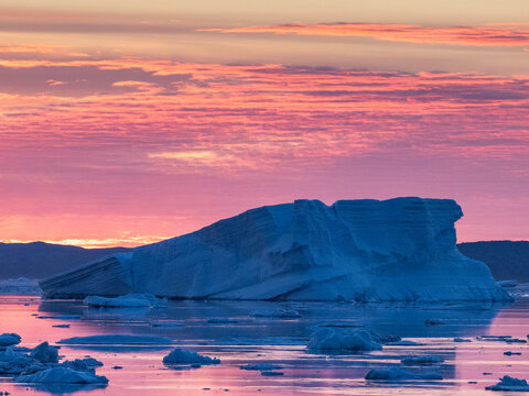 Sunset over tabular and glacial ice near Snow Hill Island, Weddell Sea