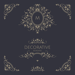 A collection of decorative elements containing a floral border, monogram frames and corners.