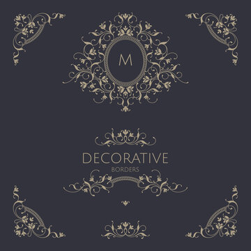 A collection of decorative elements containing a floral border, monogram frames and corners.