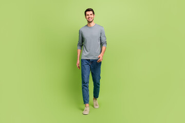 Full body photo of handsome positive male go on walk romantic date with girlfriend isolated on...