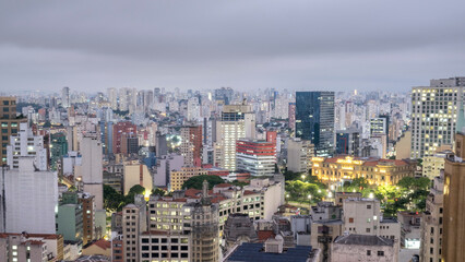 Elevated view downtown, city centre showing the illuminated Tribunal de Justica (Court of Justice) building, Sao Paulo