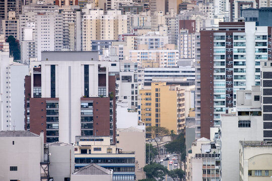 Crowded concrete apartment blocks and office buildings, Sao Paulo