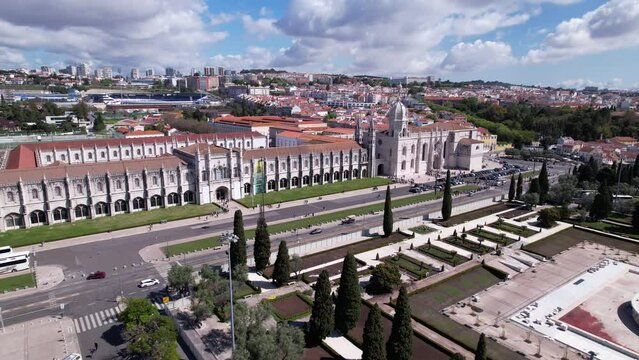 Lisbon, Portugal, April 24, 2022: DRONE AERIAL FOOTAGE: The Monastery of Jeronimos (or the Royal Monastery of Saint Mary of Bel&eacute;m), was founded by King D. Manuel I in the beginning of the 16th century