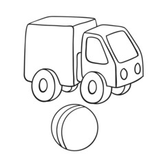 Kids toys. Toy truck and a  ball. Black and white contour picture.  In cartoon style. Isolated on white background. For coloring book. Vector illustration.