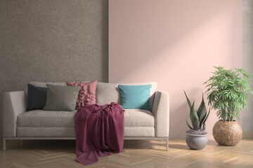 Interior concept with sofa and green home plants. 3D illustration