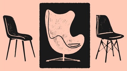 Famous furniture designs - chairs and armchair, hand drawn. Silhouettes retro style with textured brush strokes effect.