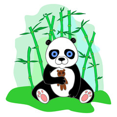 illustration of a panda cub sitting with a toy bear on the background of bamboo trees, color drawing, design