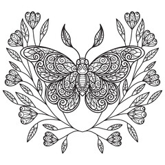 Butterfly and flower leaf hand drawn for adult coloring book