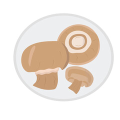 Champignon mushrooms whole and sliced on a plate. For restaurants, cafes. Healthly food. Vector.