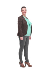 Full length of beautiful businesswoman with an open hand