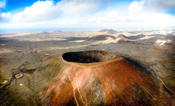 Aerial view of the crater of Hondo volcano (Calderon Hondo), Corralejo, Fuerteventura, Canary Islands