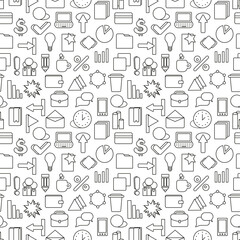Business strategy wallpaper. Black and white marketing seamless pattern. Tiling textures with thin line web icons set. Vector illustration. Abstract background for mobile app, website, presentation.