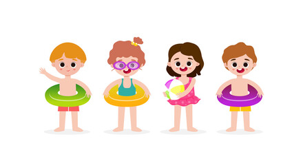 Set Of Cute Kids cartoon Pool party characters,  Multiracial children wearing swimming suits and rings have fun in pool isolated on white background Vector illustration