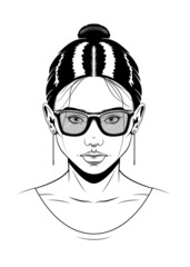 Vintage monochrome drawing woman with sunglasses. Isolated vector template