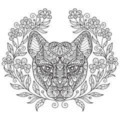 Tiger and flowers hand drawn for adult coloring book