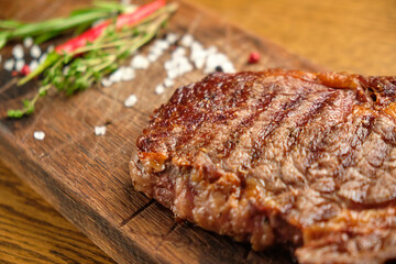 Steak. on a wooden tray