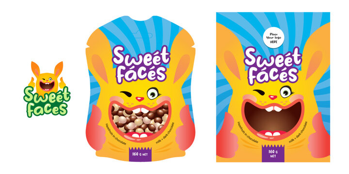 Сandy or snack packaging design with cheerful bunny. Vector editable template