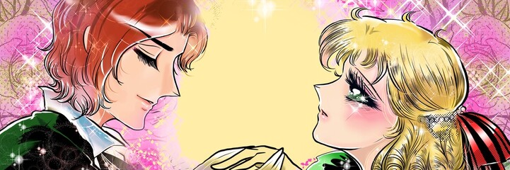 70年代少女漫画イケメン王子様からプロポーズされる金髪縦ロールでリボンをつけたお姫様のイラストと薔薇背景
