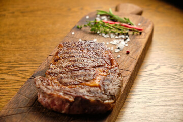 Steak. on a wooden tray