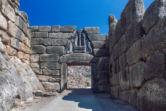 Triangle shaped Lions Gate, the entrance to the ancient citadel, Mycenae, UNESCO World Heritage Site, Peloponnese