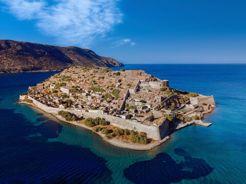 Drone view of Spinalonga, former leper colony fortress, Crete, Greek Islands