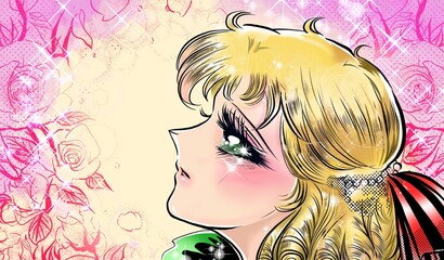 70年代少女漫画かっこいい王子様を見つめる金髪縦ロール緑の瞳のお姫様のイラストと薔薇背景