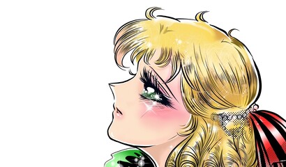 70年代少女漫画かっこいい王子様を見つめる金髪縦ロール緑の瞳のお姫様のイラスト © NORIMA