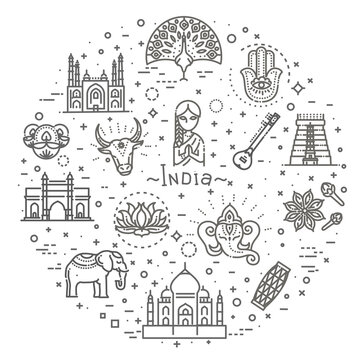 India banner. Indian attractions, line design. Tourism in India,  illustration. Traditional symbols
