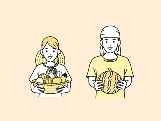 農業　農家　夏野菜　収穫　男女　スイカ